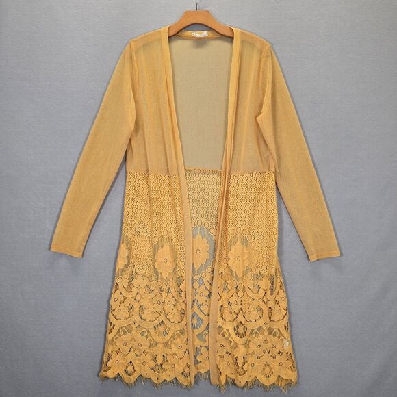 Ember Sweaters - Ember Woman’s Maxi Long Lace Boho Duster Cardigan Mustard Size M
